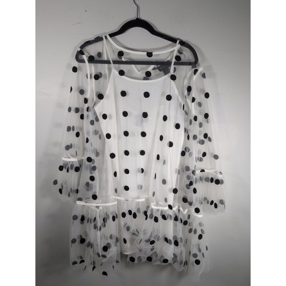 Gracia Women's WhitePolka Dot Chiffon Sheer Sleeveless Mini Dress Size Large New